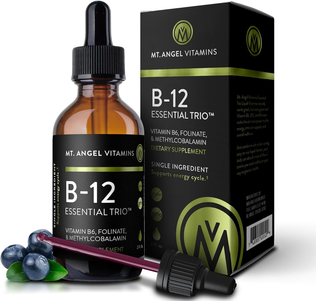 Mt. Angel Vitamin - B12 Essential Trio - Vegansk Sublingual Drops med højpotens methyl B12, B6 & Folate - Easy Absorption Liquid - Non- GMO, Made in USA