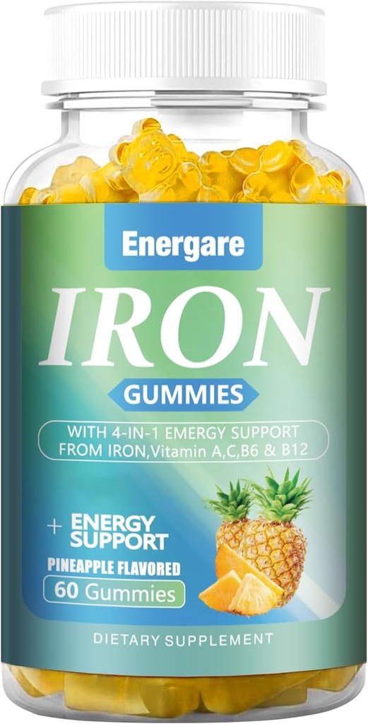 1 Pack 100Mg Jern supplement Gummies for kvinder & mænd - Vitamin A, C, B - Energistøtte til jernmangel, anæmi, voksne børn, Ananas Flavor Gummy, 60 Counts