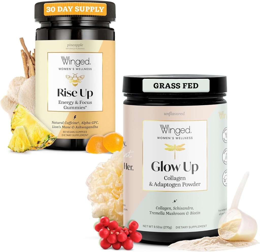 Vinged Rise Up Gummies against 124; Energy & Brain Boost Supplement & Glow Up Collagen Powder against 124; bedre hår, hud, negle til kvinder bundle