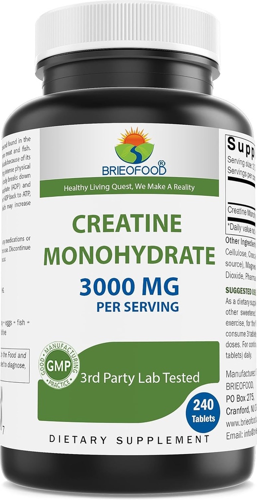 Brieofood Creatinine Pills 3000 mg per servering - 240 tabletter - 3. part Lab testet for renhed & kvalitet - hjælper med at forbedre atletisk ydeevne