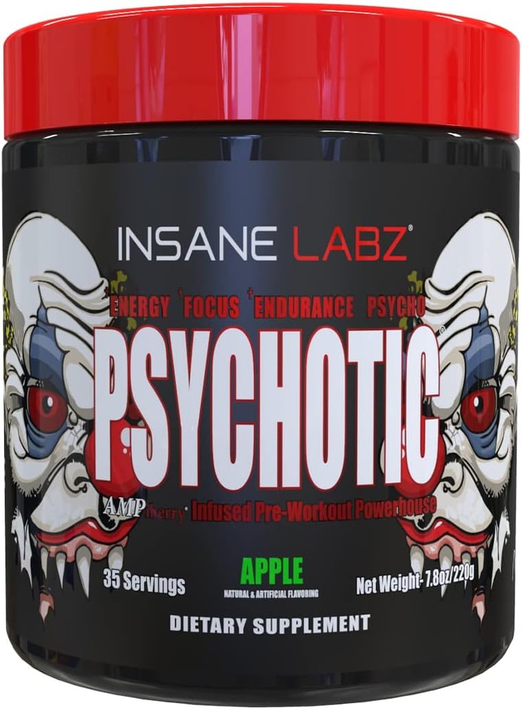 Insane Labz Psykotisk, High Stimulant Pre Workout Powder, Extreme Lasting Energy, Focus og Endurance med Beta Alanine, Creatin monohydrat DMAE, 35 Srvgs (Apple)
