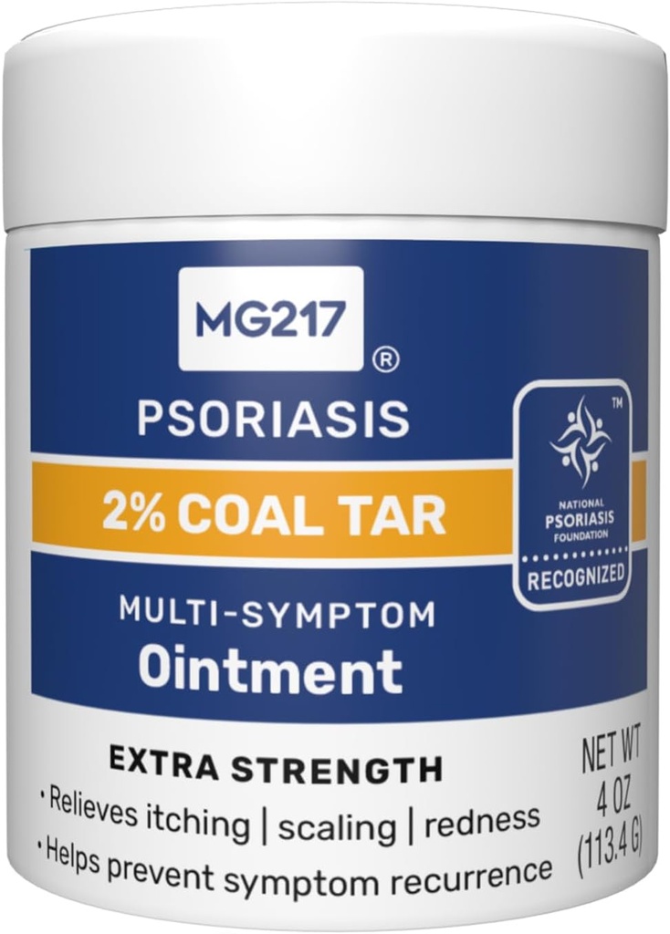 MG217 2% Coal Tar Salve til Psoriasis, Extra Strength Multi Symptom Relief, Effektivt lindrer Kløe, Skalering, Rødme, Vitamin A, D og E, 4 oz Jar