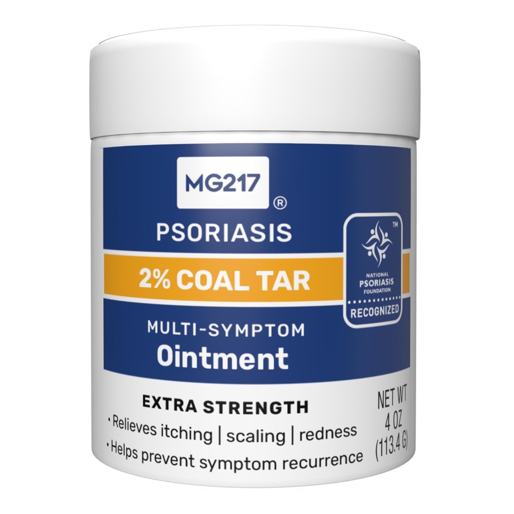 MG217 2% Coal Tar Salve til Psoriasis, Extra Strength Multi Symptom Relief, Effektivt lindrer Kløe, Skalering, Rødme, Vitamin A, D og E, 4 oz Jar