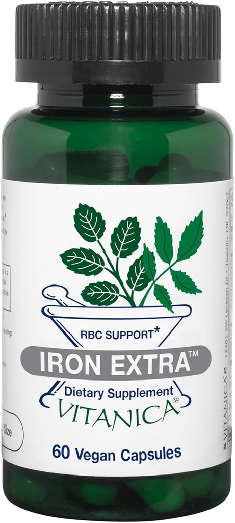 Vitanica Iron Extra, Jerntilskud Forbedret Absorption med vitamin C 500 mg, methylfolat 400mcg, B12 vitamin 500mcg, Calcium, gul Dock, Mælkebøtte Root & Nettle Leaf ekstrakt, Vegan, 60 kapsler