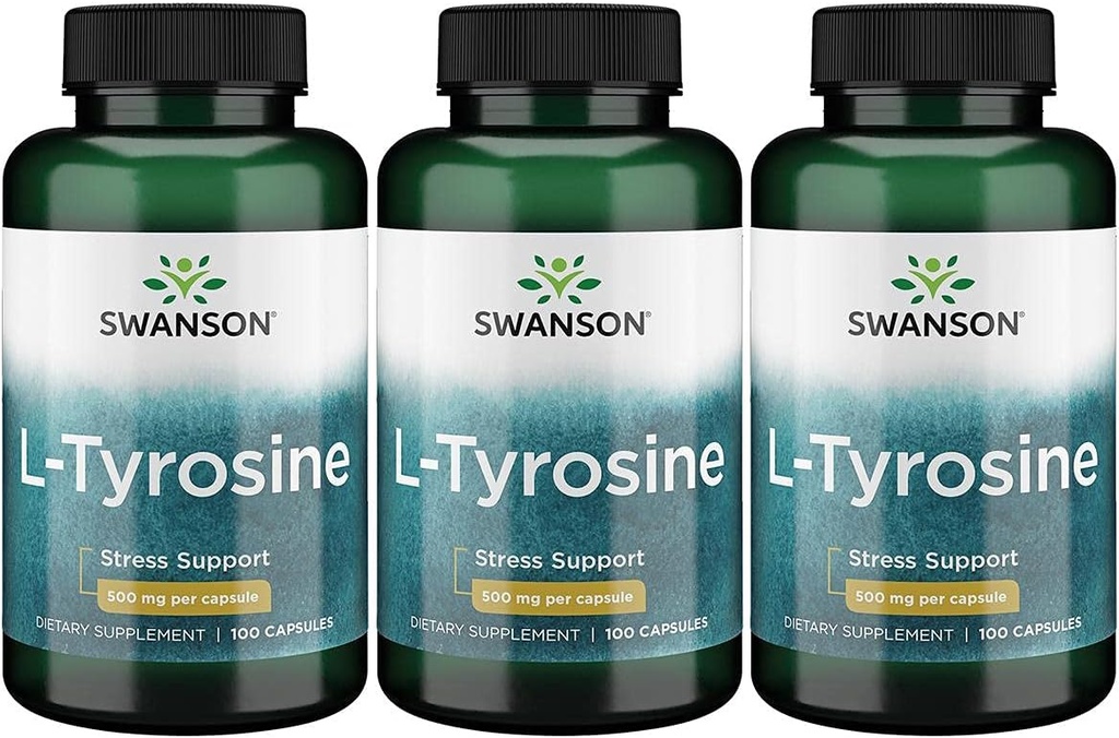 Swanson L- Tyrosine - Aminosyretilskud til fremme af stress support, kognitiv funktion - Hjælper støtte samlede hjerne sundhed - (100 kapsler, 500mg hver) 3 Pack