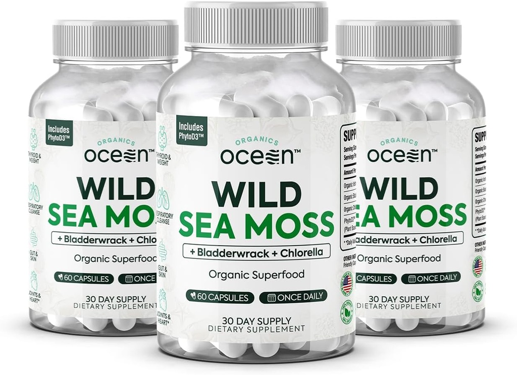 Organiske Ocean Wild Sea Moss Kapsler - 100% Organic Irish Sea Moss med Organic Chlorella, Bladderwrack og D-vitamin til energi, Lung Sundhed og Thyreoidea støtte til kvinder og mænd - 3 flasker