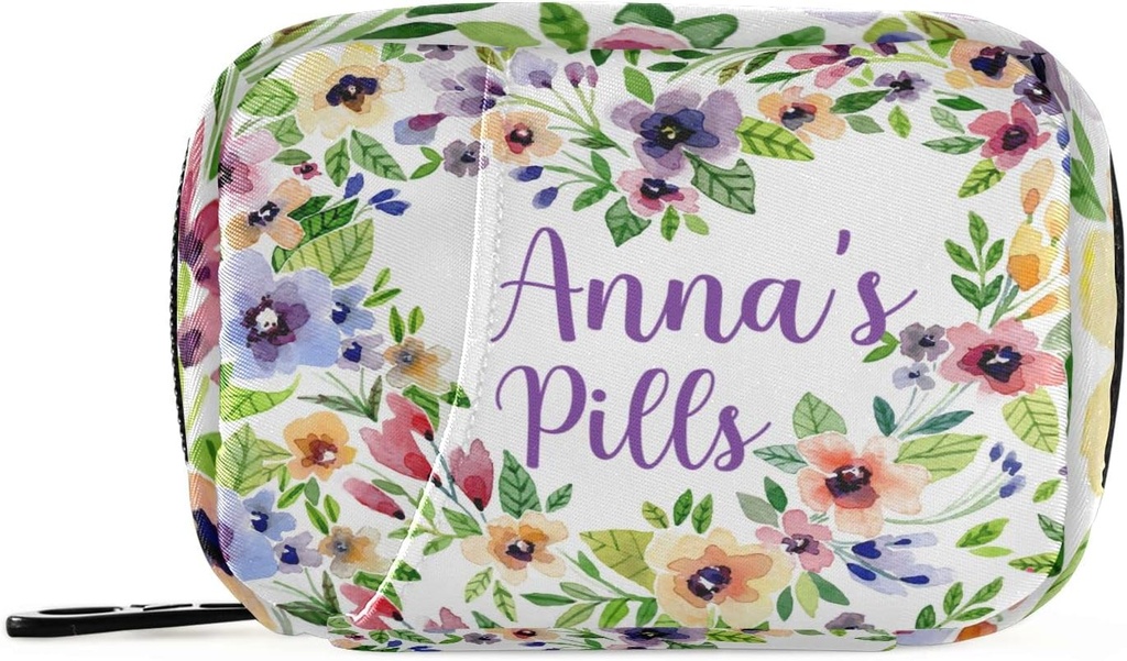 Custom Pill Box 7 Dag Pill Case Bag Vandfarve Spring Blomster Personaliseret Navn Rejse Pill Organizer Bag med lynlås Portable ugentlige sag Kompakt størrelse for Vitamin Supplement Holder