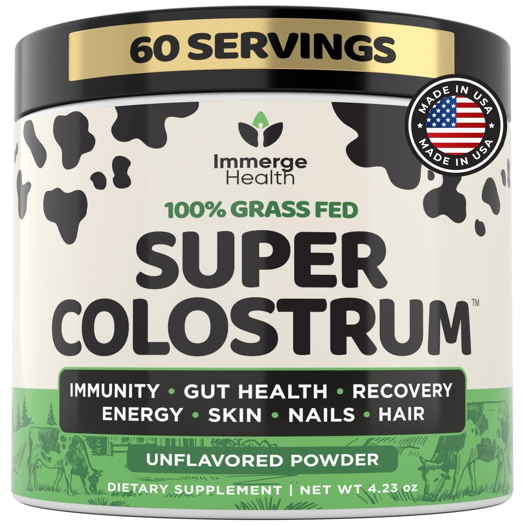 Immerge Health Super Colostrum Powder (60 Servings) – Premium Bovine Colostrum Supplement for Gut Health, Bloating & Immune Support – High IgG, 100% Grass Fed First Milking, Unflavored, Made in USA