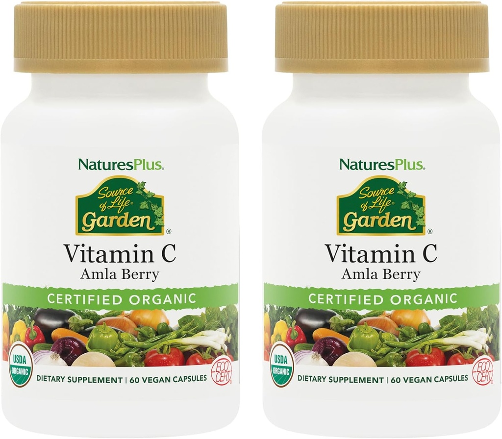NaturesPlus Source of Life Garden Vitamin C - 60 Vegan Capsules, Pack of 2 - Immune System Support - Certified Organic, Non-GMO, Gluten Free - 60 Total Servings