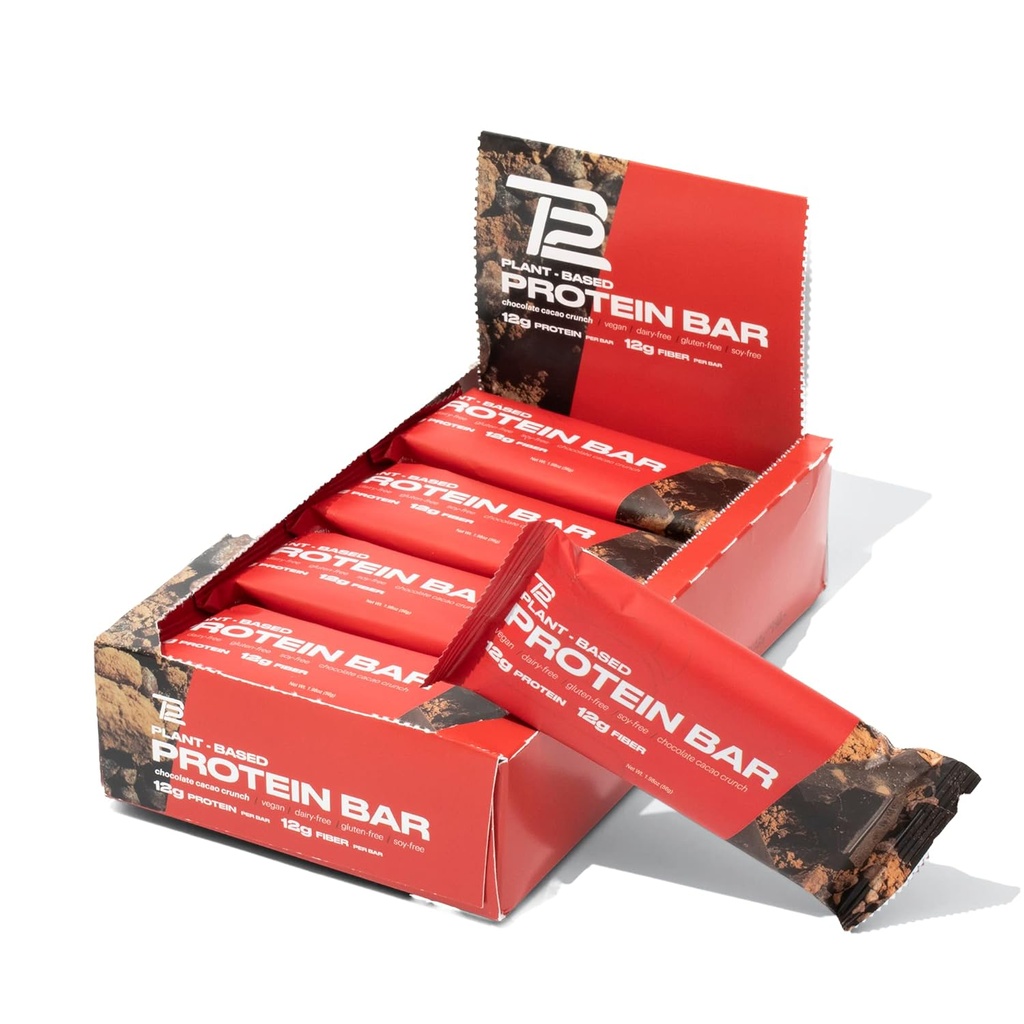 TB12 Plantebaserede proteinstænger af Tom Brady Mea124; High Protein, High Fiber, Low Sugar, Vegan, Gluten Free, Dairy Free, Non GMO, Sund Protein Snacks Measures 124; Fremstillet af alle naturlige hele fødevarer med antioxidanter, vitaminer og mineraler (Chocolate Cacao Crunch)