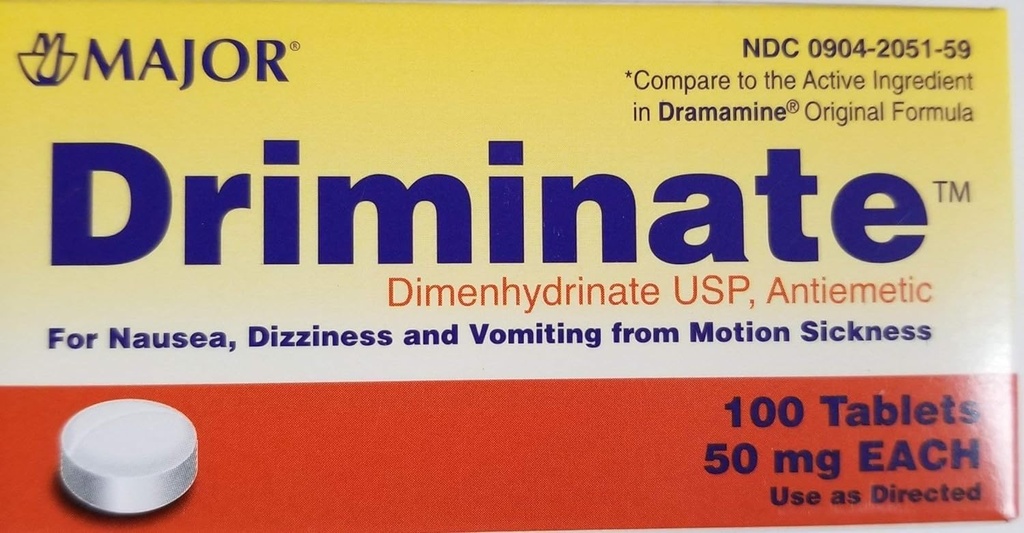 Major Driminate ® Dimenhydrinate 50 mg 100 Ct for kvalme, svimmelhed og opkastning fra bevægelsessygdom