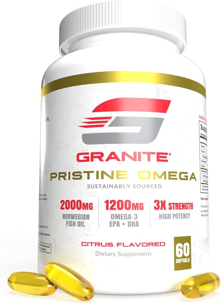 Granite Pristine Omega-3 Supplement, 2000mg Norwegian Fish Oil Supplements with EPA & DHA, Supports Joint, Heart, Brain, & Mood, Sustainable Sourced, Renhed Testet (60 Softgels)