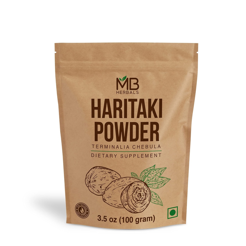 MB Herbals Haritaki Powder 3,5 oz / 100 Gram Yep 124; Inknut Powder Yep 124; Terminalia chebula Yep 124; Harde Mep 124; Chebulic Myrobalan Mep 124; Ingen konserveringsmidler