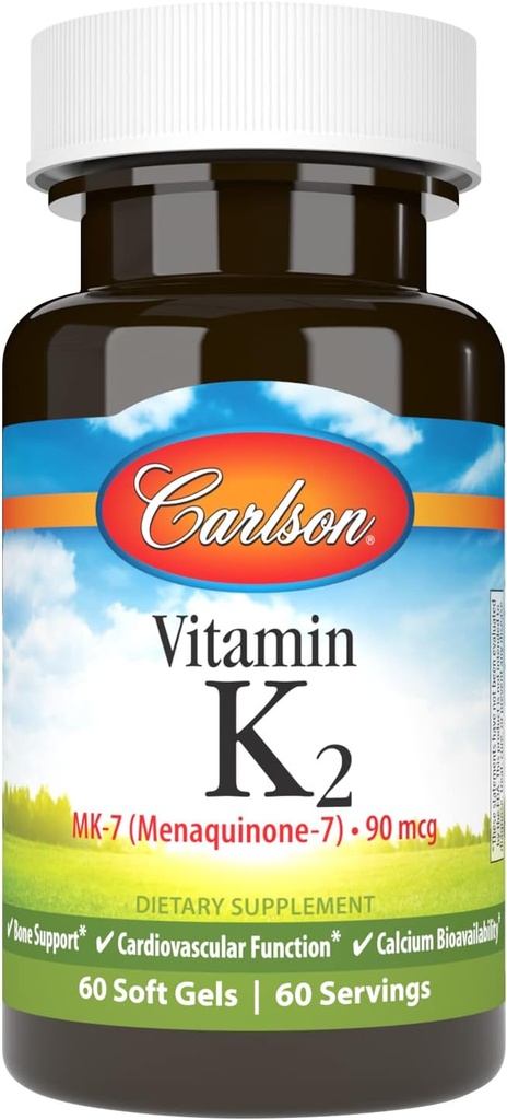 Carlson - Vitamin K2 MK- 7 (Menaquinon), 90 mcg, Bone Support, Calcium Biotilgængelighed, K2 Vitamin, Vitamin K-2, 60 Softgels