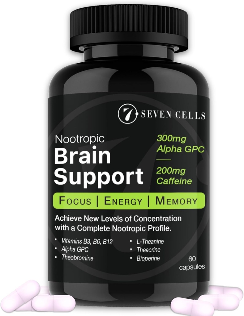 Brain Support Supplement med 300mg Alpha GPC & 200mg Natural Coffein & Vitaminer til kognitiv sundhed, energi, hukommelse og fokus - Brain Booster (60 kapsler, 1-måned Tilgang)
