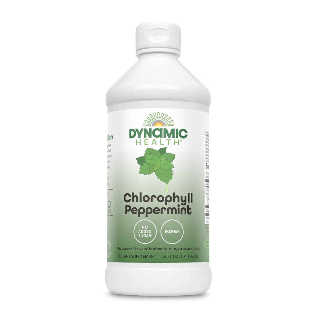 Dynamic Health Liquid Chlorophyll Pebermynte 100 mg, Natriumkobber Chlorophyllin med Alfalfa og Mulberry Leaves, Plant Cleanse and Deodorizing, No Added Sugar, 16 Fl Oz