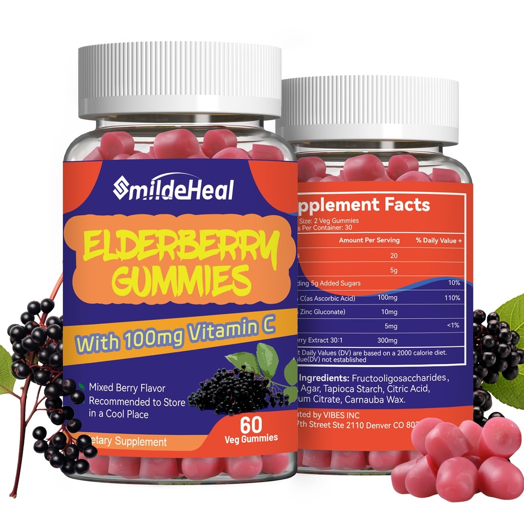 Elderberry Gummies, Elderberry Extract 300mg, med C-vitamin og zink, Strawberry Flavor Gummies, non-GMO 'er, Gluten Free, Vegan- Friendly, immunforsvar, 60 Greve (Pack of 2)