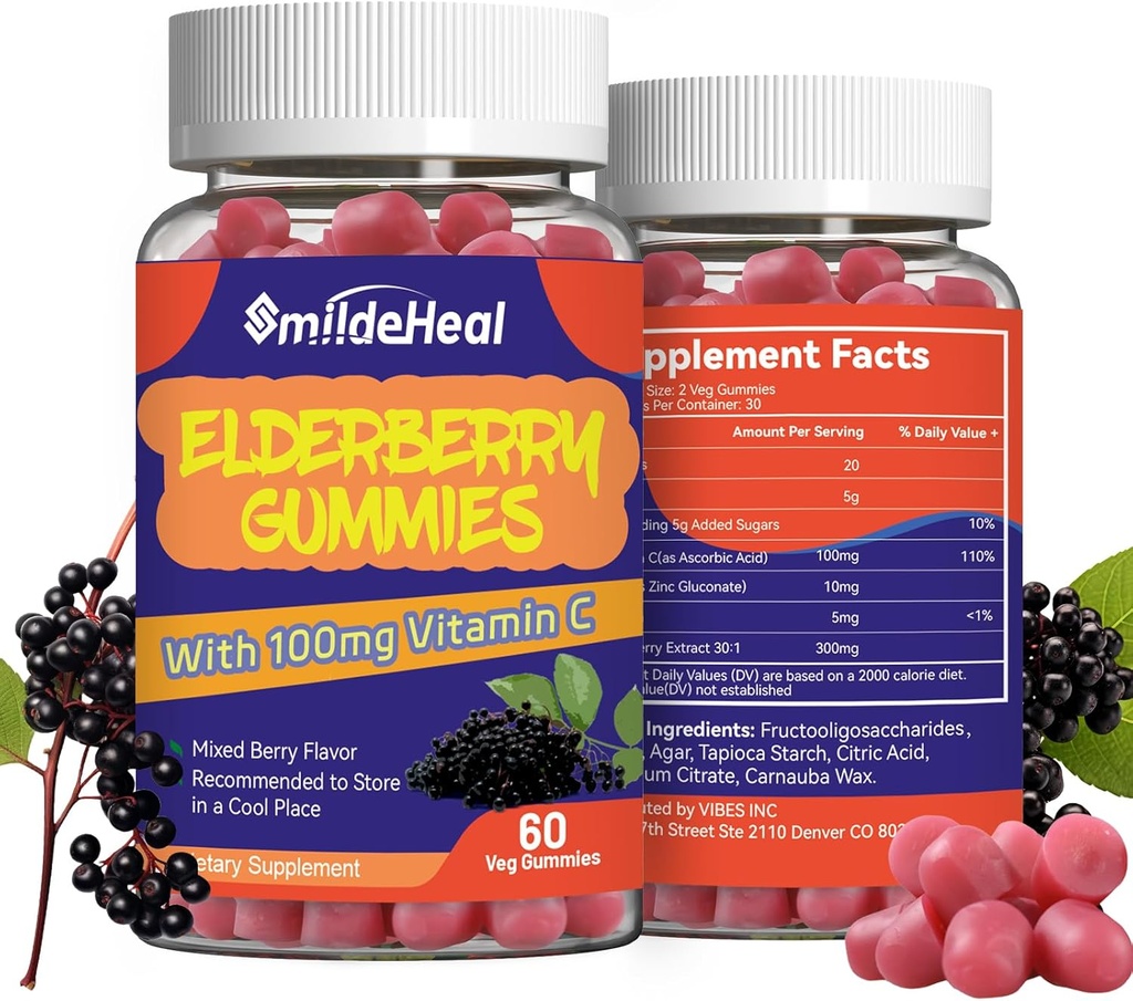 Elderberry Gummies, Elderberry Extract 300mg, with Vitamin C and Zinc, Strawberry Flavor Gummies, Non-GMOs, Gluten Free, Vegan-Friendly, Immune Support, 60 Count (Pack of 2)