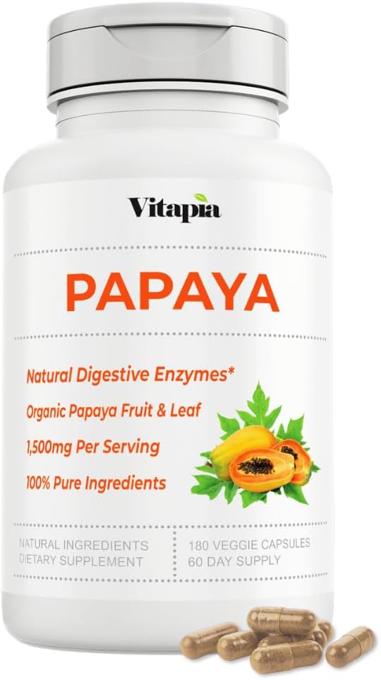 Papaya Frugt Enzyme kapsler til fordøjelse, Bloating Relief, immunforsvar for mænd og kvinder - 1500mg Organic Papaya pulver Per servering - 180 Veggie kapsler - Non- GMO, Gluten- Free, Vegan- Friendly
