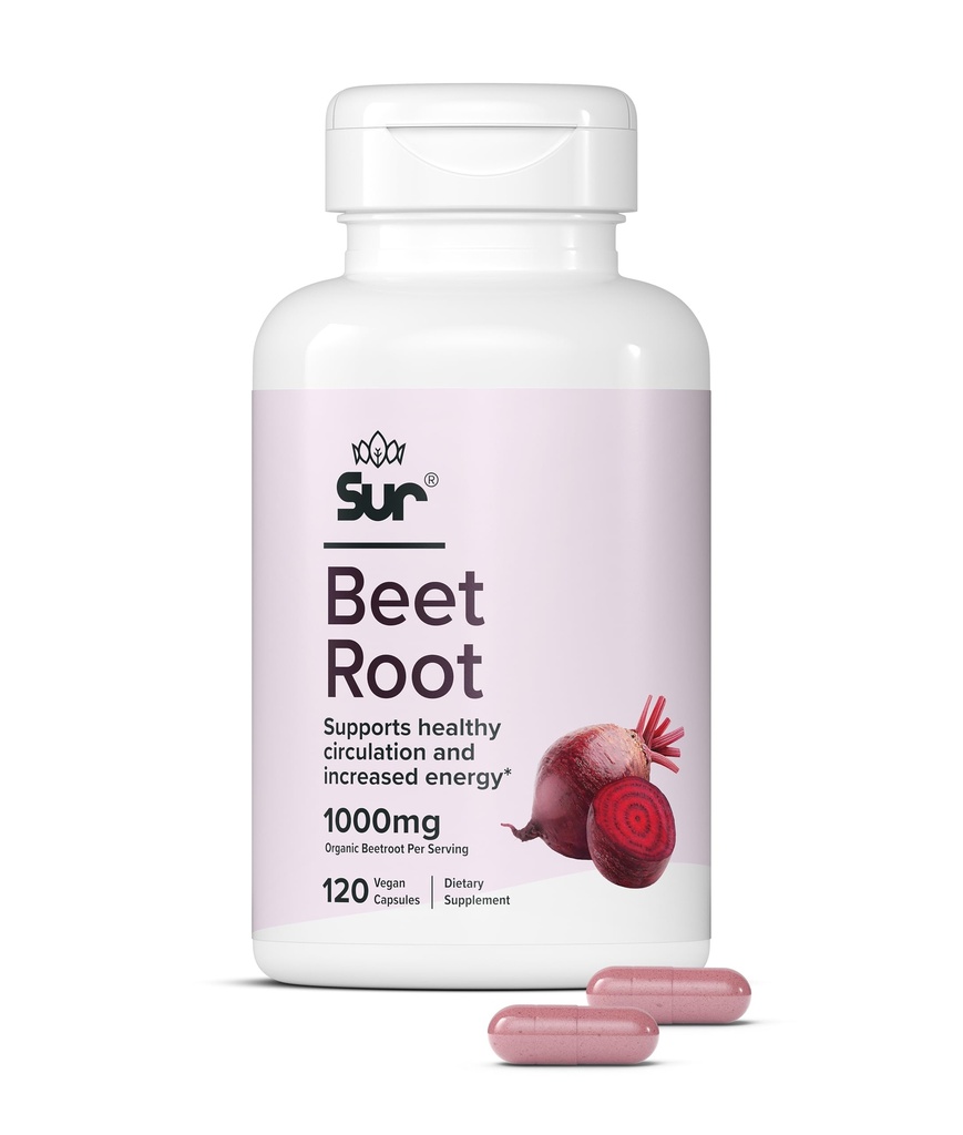 Sur Organic Beet Root Capsules 1000mg - Understøtter sund cirkulation og øget energi - nitrogenoxid superfood (120 kapsler)