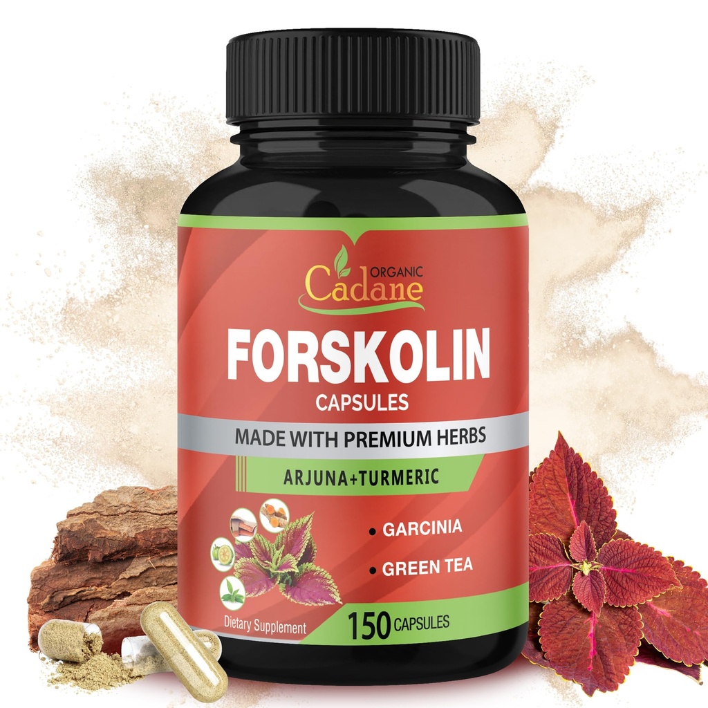 Organic Cadane Forskolin Supplement Capsules - 5in1 Concentrated with Turmeric Curcumin, Arjuna, Garcinia Cambogia, and Green Tea - 150 Capsules for 5 Months Supply