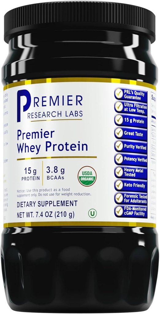 Premier Research Labs Whey Protein - Unflavored Premier Whey Protein Powder, Organic Whey Protein Koncentrat, Keto Friendly, Let blanding med drikkevarer, Lavvarme Filtreret - 7.4 Oz
