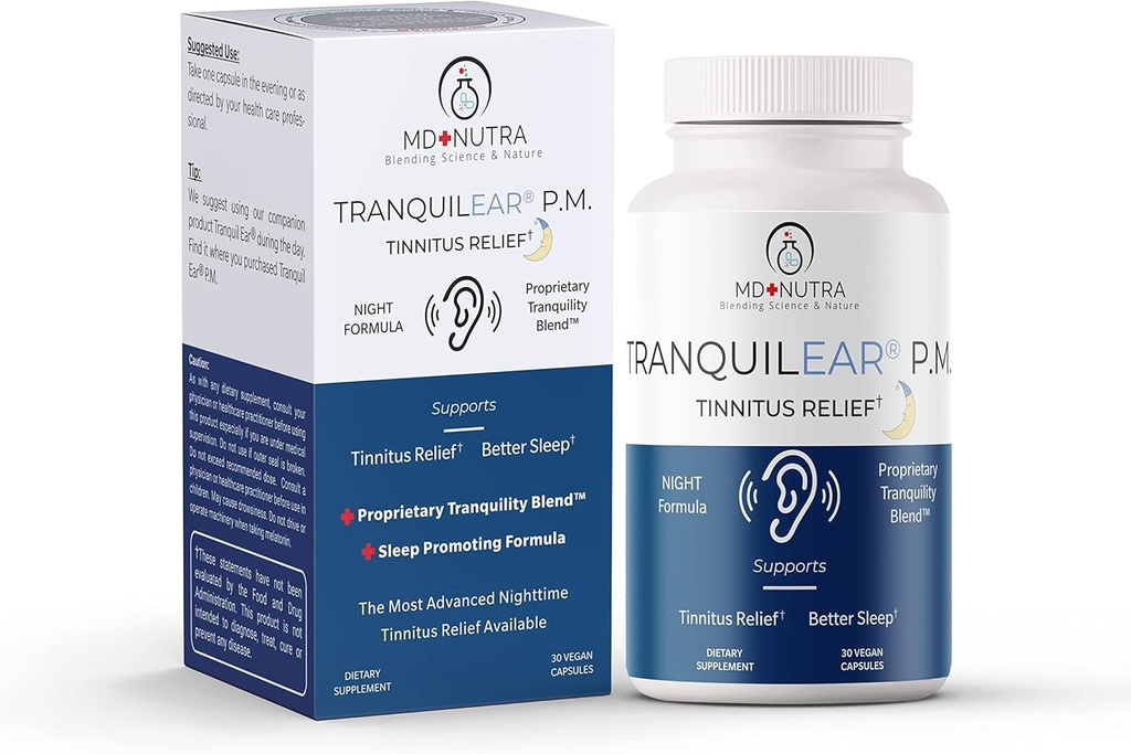 Tranquil Ear PM Ear Health & Tinnitus Relief Supplement | Developed by Ear Surgeons for Ear Nutrition, Ringing Ear Relief, & Tinnitus Symptoms - Nighttime Formula - All-Natural 30 Vegan Capsules