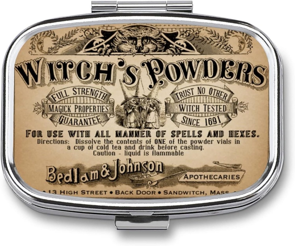 Metal 2 Segment Pill Organizer Travel Friendly Portable Compact Box at holde vitaminer / Tylenol / Fish Oil / Kosttilskud / Tablet (Vintage Witch 's Powders), 1,97 x 0,79 x 0,39 Tommer, 1.0 Tæl