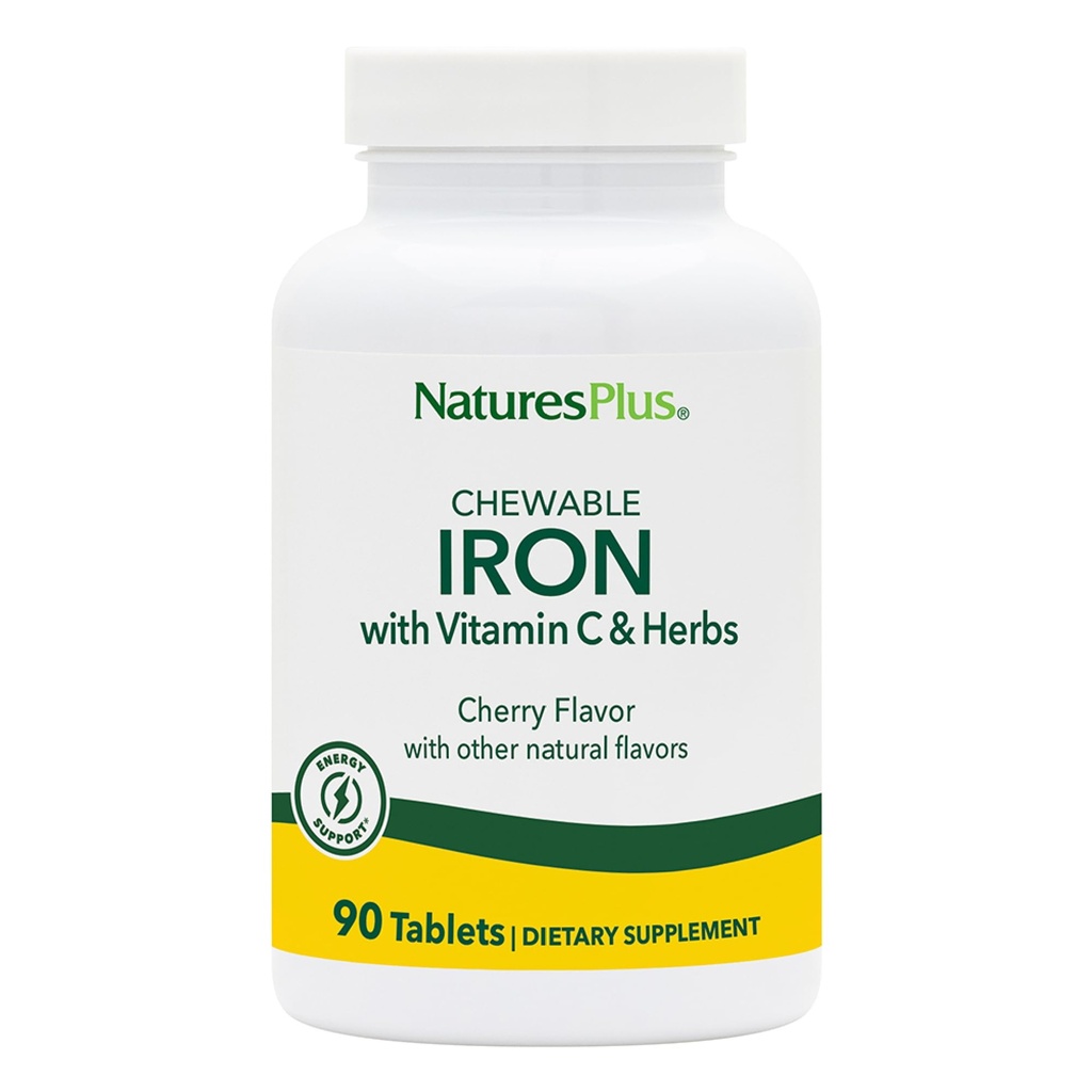 NaturePlus Chewable Iron, Cherry - 90 tabletter, pakke af 2 - Understøtter sund blod & Naturlig energi produktion - høj-potens supplement med C-vitamin & urter - 180 Total Servering