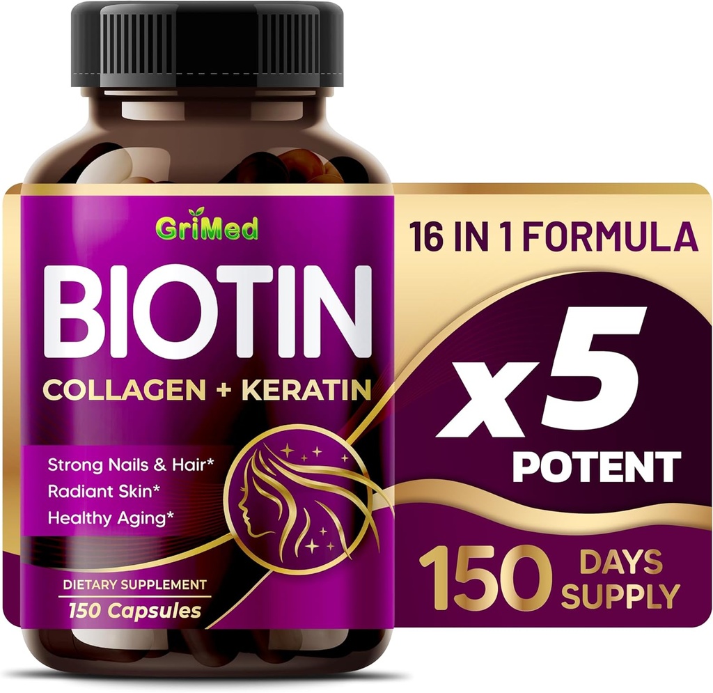 Grimed BIOTIN med kollagen + Keratin 7,275mg stærke negle & hår, strålende hud, sund Aging- USA Made & Testet (150 greve (pakke med 1))