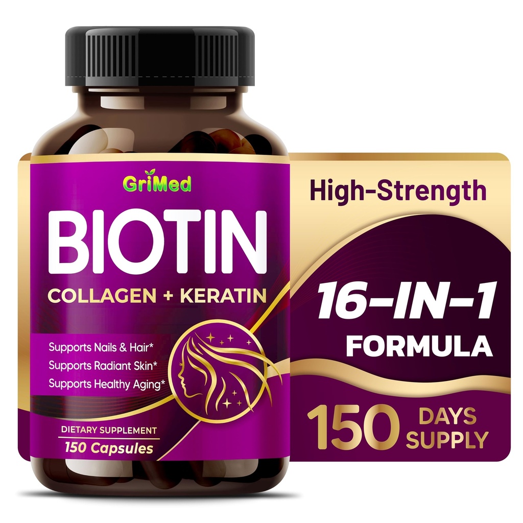 Grimed BIOTIN med kollagen + Keratin 7,275mg stærke negle & hår, strålende hud, sund Aging- USA Made & Testet (150 greve (pakke med 1))