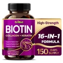 Grimed BIOTIN med kollagen + Keratin 7,275mg stærke negle & hår, strålende hud, sund Aging- USA Made & Testet (150 greve (pakke med 1))