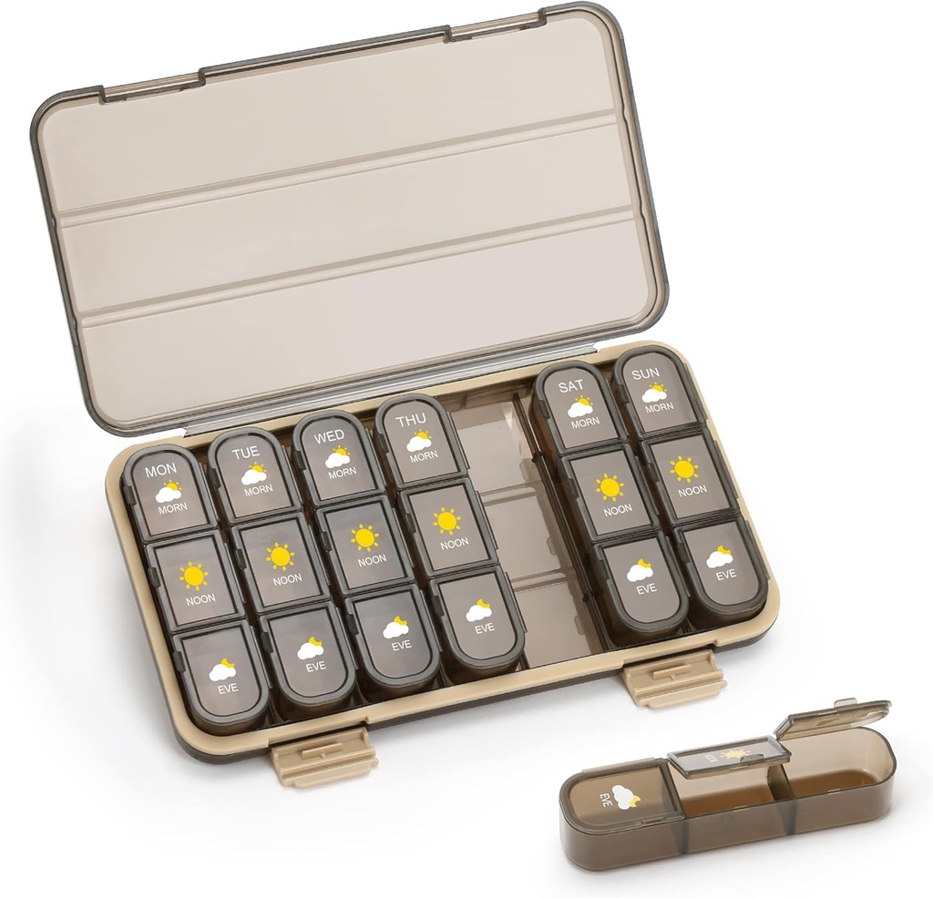 Pill Organizer 3 gange om dagen, Pill Box 7 Dag - Acedada Ugentlig rejse Medicin Organizer Box, Stor Pill Container Holder Vitaminer Case Pill Dispenser, Brown
