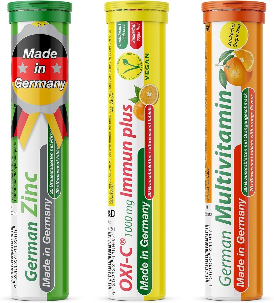 T&D German Immun Boost Package 60 Servings - Vegan, Zero Sugar - Drink Effervescent Tablets - Vitamin C, Zinc, Multivitamin Pharma - Made in Germany