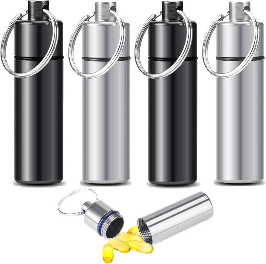 4pcs Pill Case, Travel Pill Case, Keychain Pill Holder, Portable Container Mini Metal Case,Small Portable Waterproof Pill Boxes with Keychain, Medicine Bottle for Outdoor Camping Travel