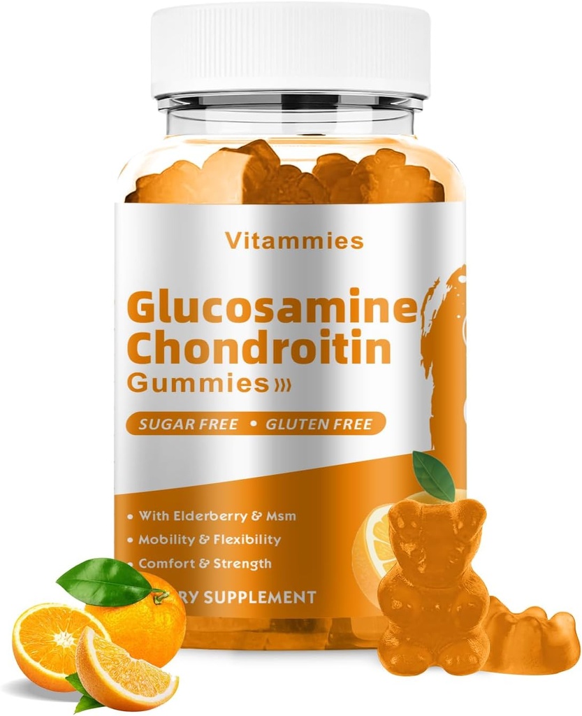Glucosamin Chondroitin Gummies med MSM & Elderberry Extra Strength - Joint Support, Antioxidant immunsupport for voksne, Mænd & Kvinder Min, coenzym Q10, DHA - 60 Orange Gummies