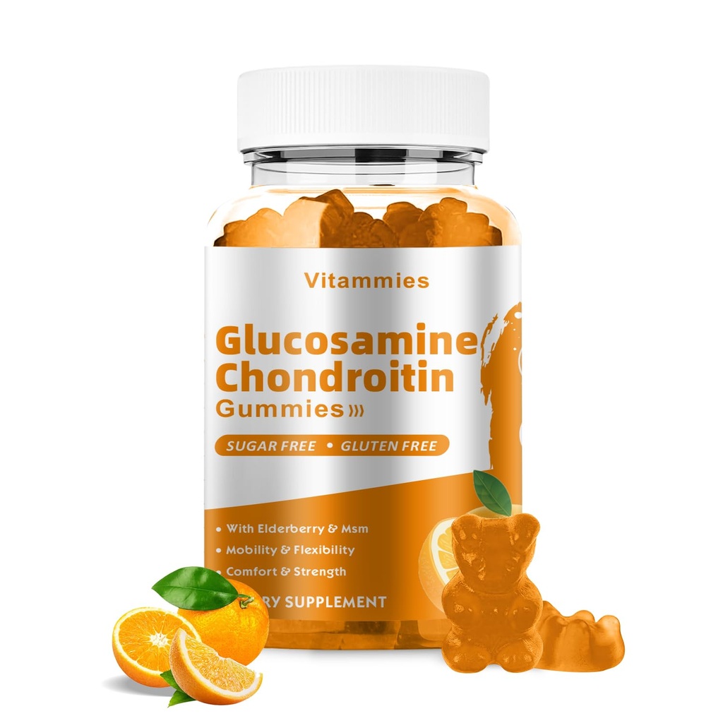 Glucosamin Chondroitin Gummies med MSM & Elderberry Extra Strength - Joint Support, Antioxidant immunsupport for voksne, Mænd & Kvinder Min, coenzym Q10, DHA - 60 Orange Gummies