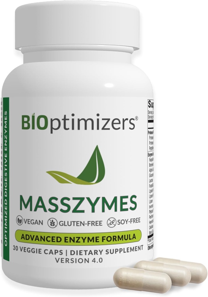 BIOptimizer MassZymes - Komplet fordøjelsesenzymer supplement til Gut Health - Bloating Relief for mænd og kvinder - Lipase Amylase Bromelain fordøjelsesenzymer (30 kapsler)