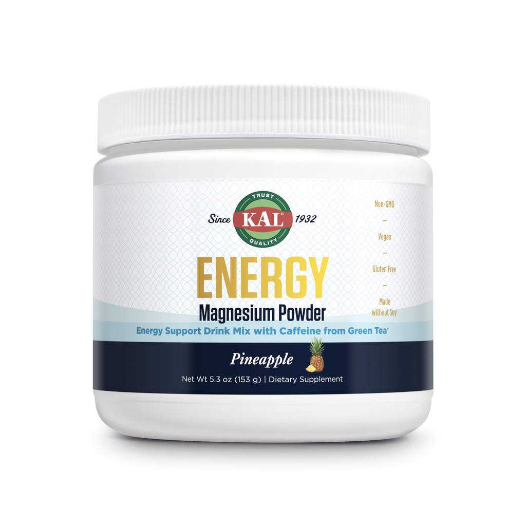 KAL Energy Magnesium Powder Drink, Ananas Arv Magnesium Citrate Powder, Energistøtte med grøn te Koffein, Sukker fri, 40 Servere
