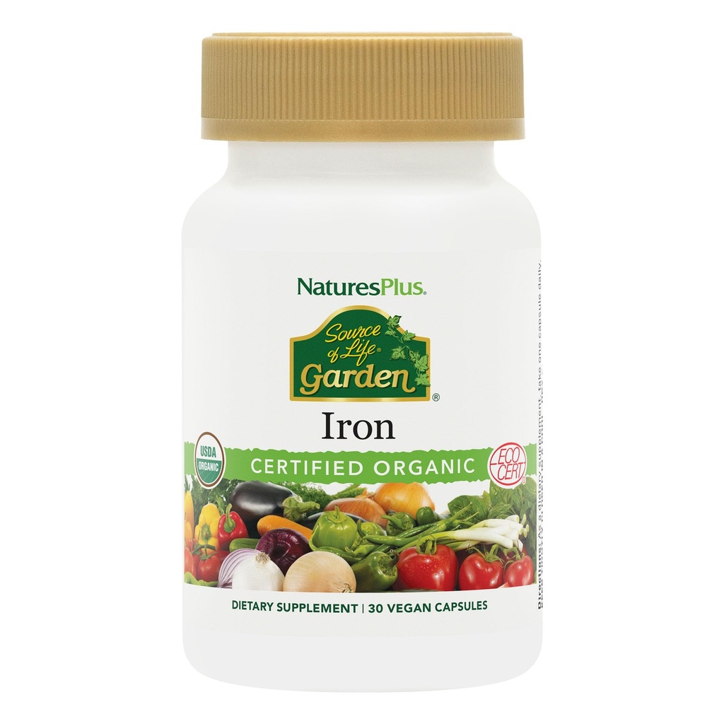 NaturesPlus Kilde til Life Garden Certified Organic Family Iron 18 mg Cap - 30 Veganske kapsler - Plantbaseret jern supplement - Understøtter sundt blod - Vegetarisk, Gluten- Free - 30 Servering