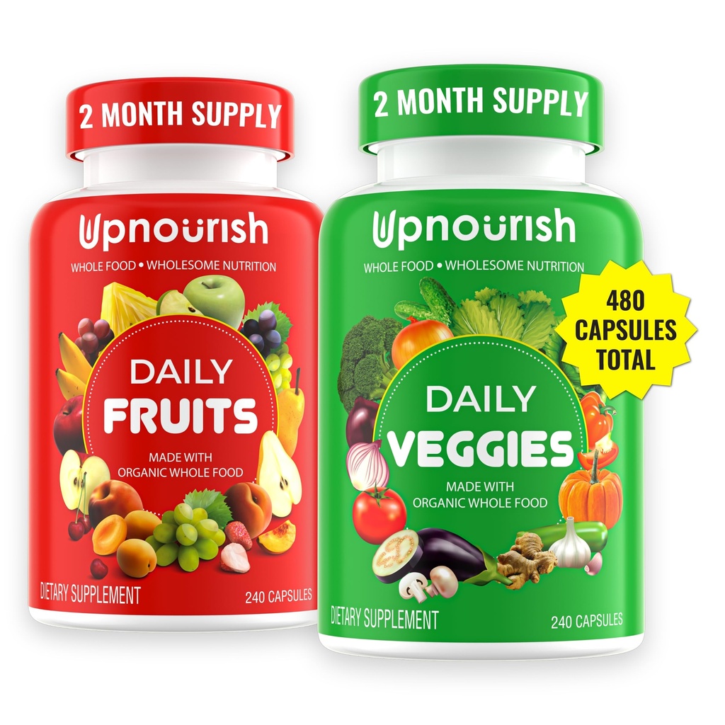 UpNourish Organic Fruits and Veggies Supplement - Support Diet Balance, Body Cleanse & Energy - 480 Frugter og Super Grønne Kapsler fra naturen - Frugt og grøntsager Kosttilskud til voksne & Børn