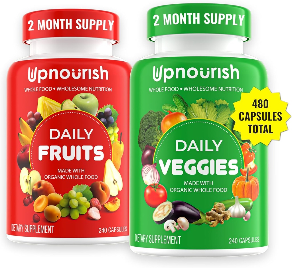 UpNourish Organic Fruits and Veggies Supplement - Support Diet Balance, Body Cleanse & Energy - 480 Frugter og Super Grønne Kapsler fra naturen - Frugt og grøntsager Kosttilskud til voksne & Børn
