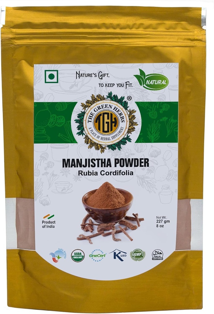 De grønne urter Manjistha Root Powder, 227g Finely Ground, Natural and Chemical-Free, Herbal Powder, Rubia Cordifolia