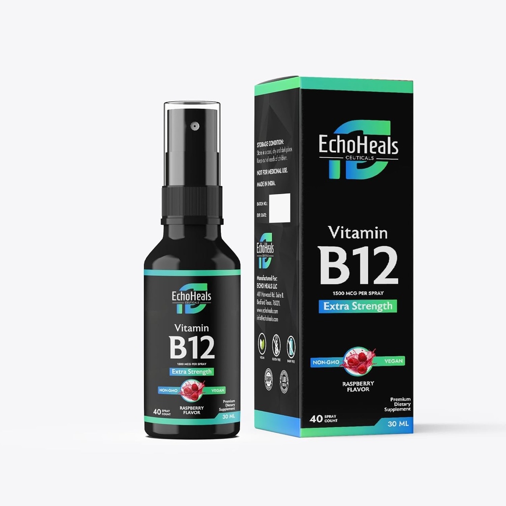 Vitamin B12 Flydende Spray • 124; Vitamin B12 til energistøtte • 124; Vegan • 124; Non- GMO • 124; Gluten Free • 124; 40 Spray • 124; 1500 mcg pr. Spray • 124; Raspberry Flavor • 124; 1 fl Oz