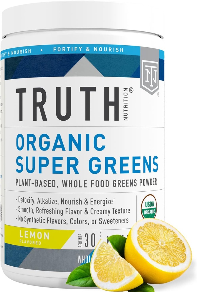 Sandhed Nutrition Super Green Powder - Organic Green Superfood Powder to Boost Energy & Immunity, Sund fordøjelse for mænd og kvinder, Green Supplement Smoothie Powder Mix (Lemon)