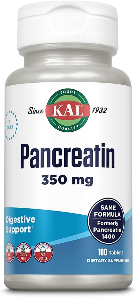 KAL Pancreatin 350 mg, fordøjelsesenzymer til kvinder og mænd, pankreatiske enzymer til fordøjelsesstøtte, gluten fri, non-GMO, hurtig opløsning, 60- dag garanti, 100 Servere, 100 tabletter