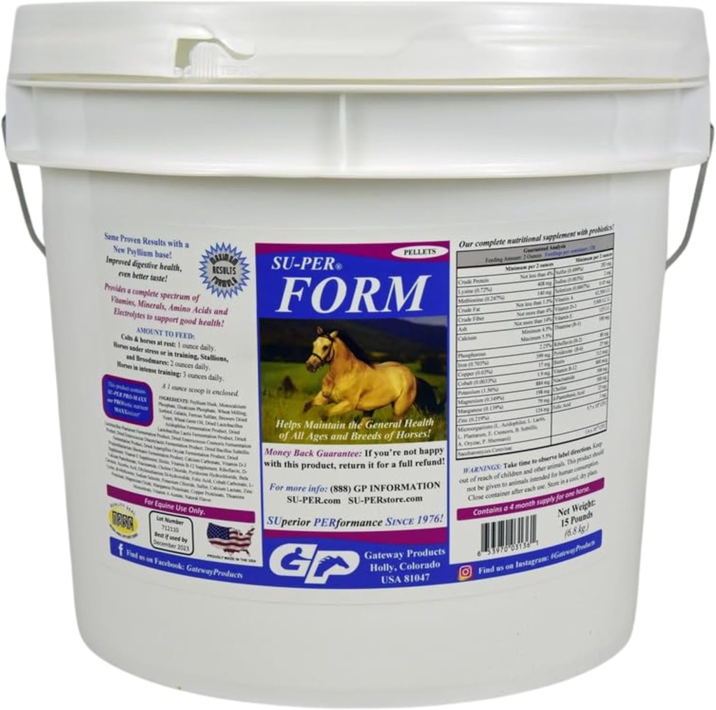 SU- PER Form Horse Vitaminer og mineral Pellets - Ernæringstilskud med Probiotika - Vitamin, Mineraler, Aminosyrer & Elektrolyter - Hjælper med at opretholde generel sundhed - 15 Pounds, 4 Måned Supply