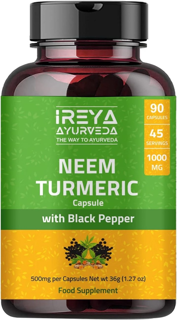 Neem & gurkemeje; 90 Kapsler Made Black Pepper, Neem, gurkemeje