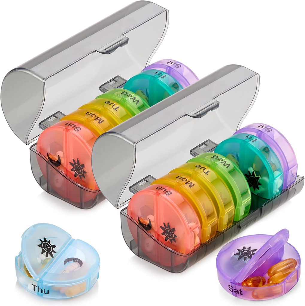 Ugentlig pill Organizer - 2 Time- A- Day Compartments - 7 Dag AM / PM pill Container - Bærbar, holdbar og praktisk rejse piller sag for tabletter, fiskeolier, vitaminer og kosttilskud, Rainbow, 2 Pack