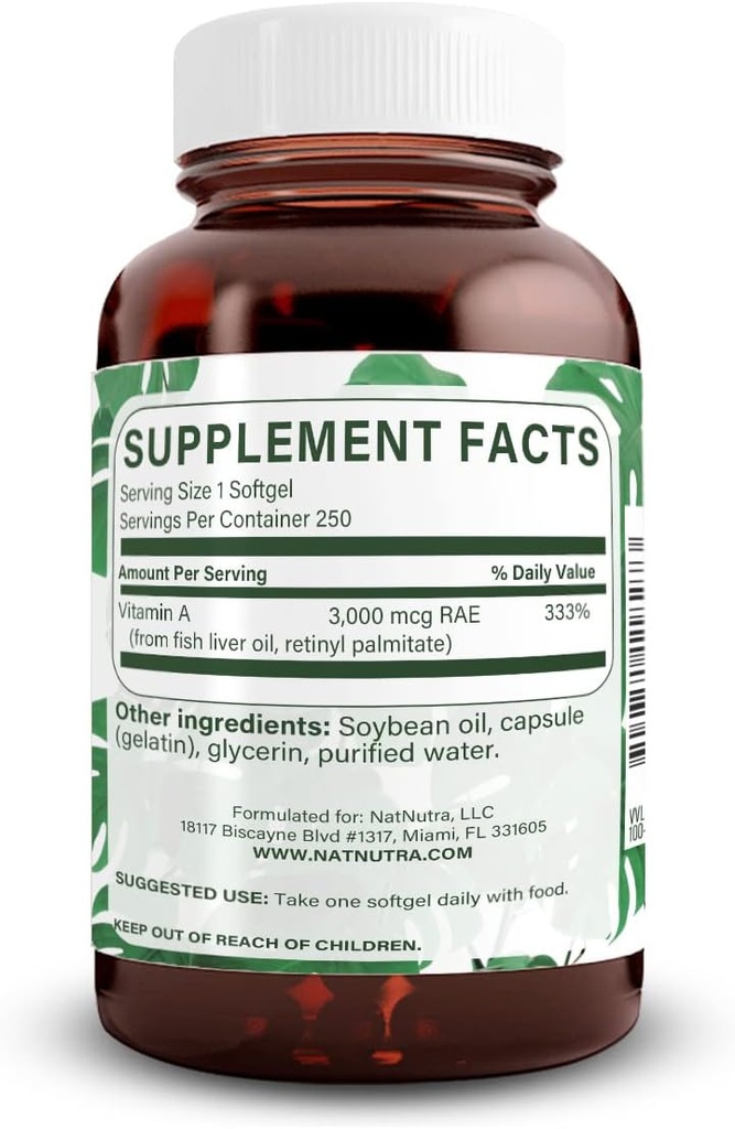 Natural Nutra Vitamin A 10.000 IE Softgels - High Potence Eye and Skin Vitaminer - Gluten- Free - Supplement for syn & hudsundhed - Fisk Lever olie til mænd og kvinder, Gluten Free 250 Softgels (2 Pack)